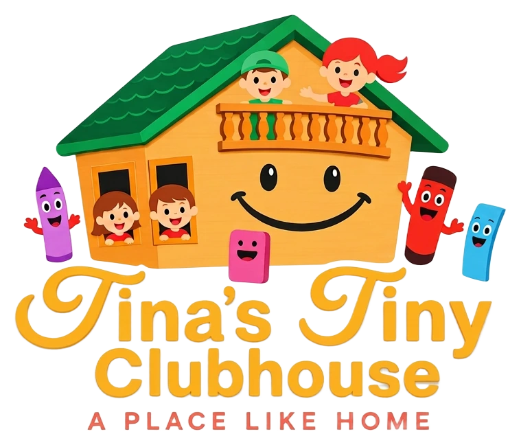 Tina's Tiny Clubhouse: a smiling clubhouse with children and colorful crayon friends and the words A Place Like Home